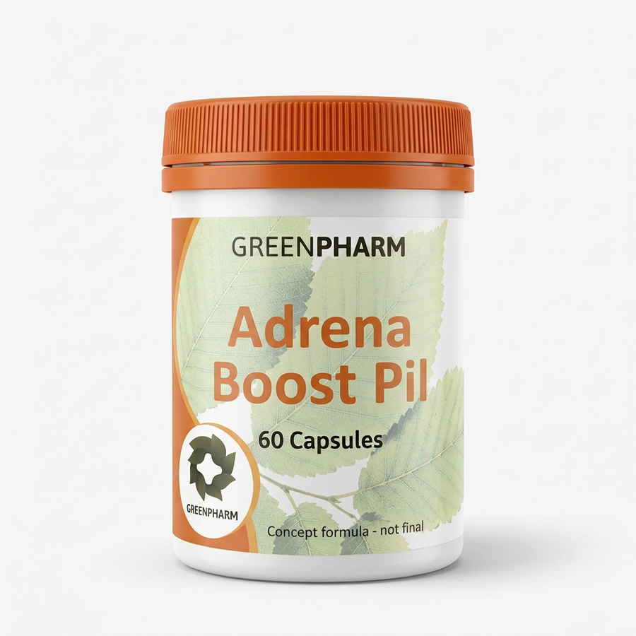 Adrena Boost Pil concept packaging, orange-lidded GreenPharm jar marked Concept formula - not final