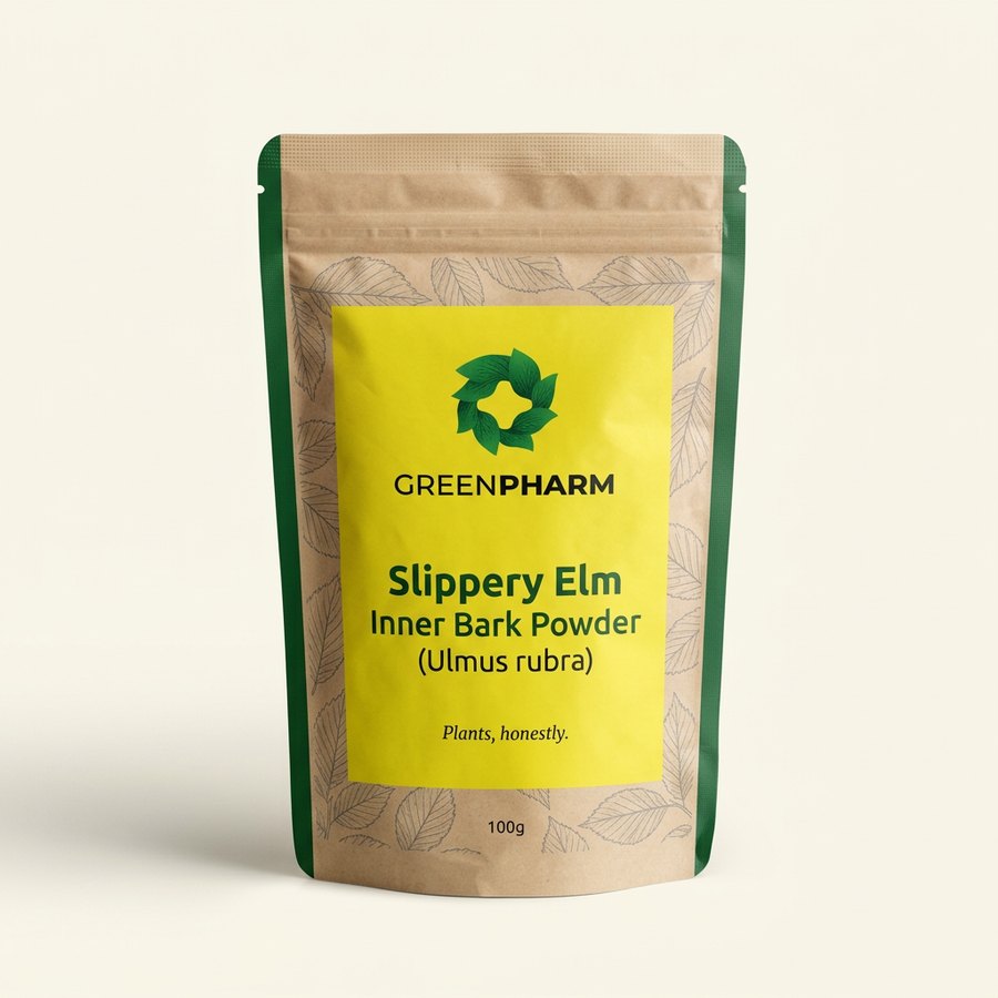 GreenPharm Slippery Elm 100g branded pouch mockup