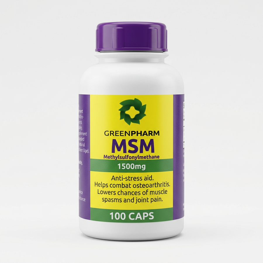GreenPharm MSM 100 capsules bottle with purple cap on a light-grey background