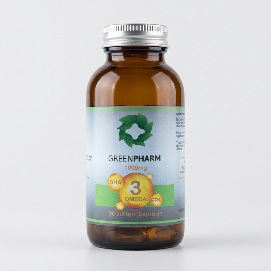 GreenPharm Omega 3 90 softgel capsules in an amber bottle with silver cap on a light-grey background