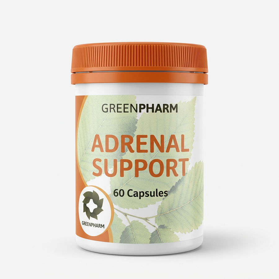 GreenPharm Adrenal Support 60 capsules packaging mock-up in a white jar with orange lid on a light-grey background